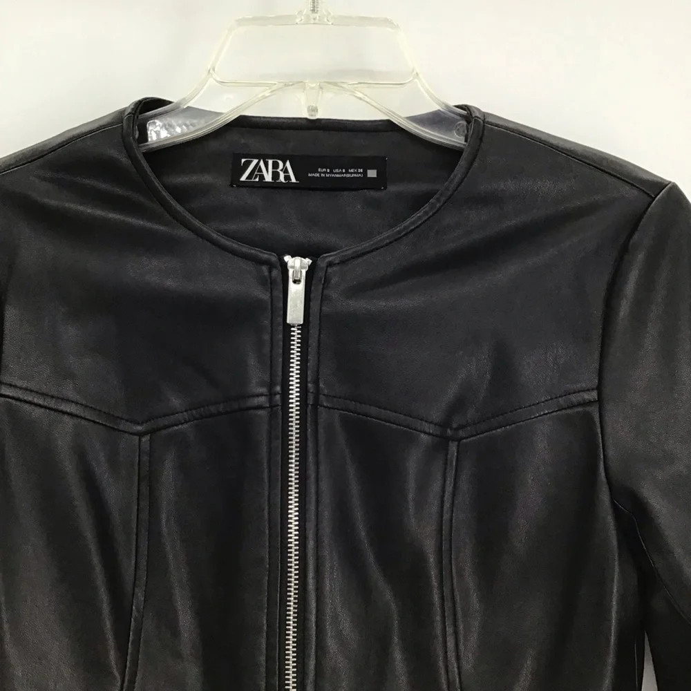 ZARA Faux Leather Moto Biker Collarless Jacket Edgy Career Black Size Small - Picture 5 of 10